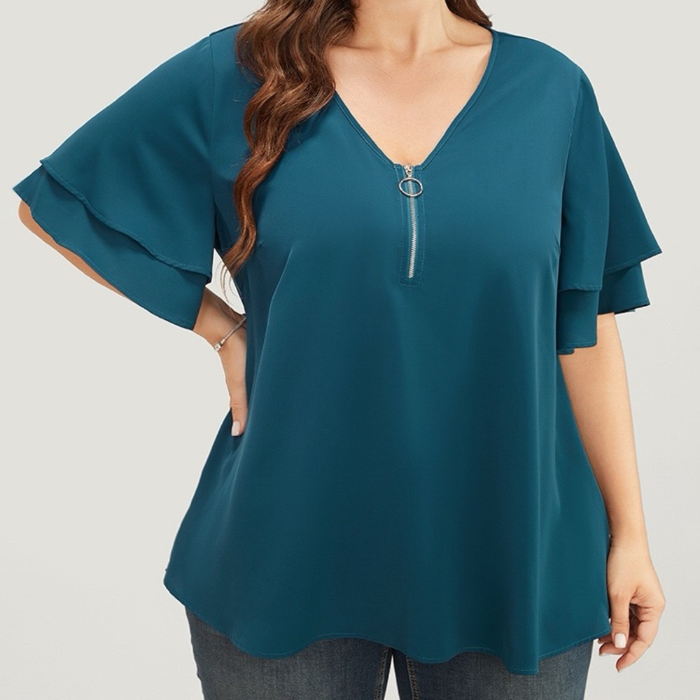 BloomChic Teal V-Neck Ruffle Sleeve Top Plus Size 1X